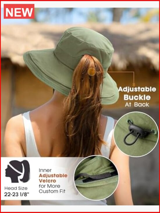 Wide Brim Sun Hat with Ponytail Hole UPF 50+ Cotton Adjustable main image 6